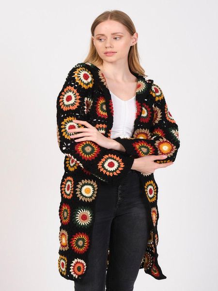 

women's wool & blends granny square blended yarn hooded cardigan,handmade patchwork jacket,handmade coat,granny, Black