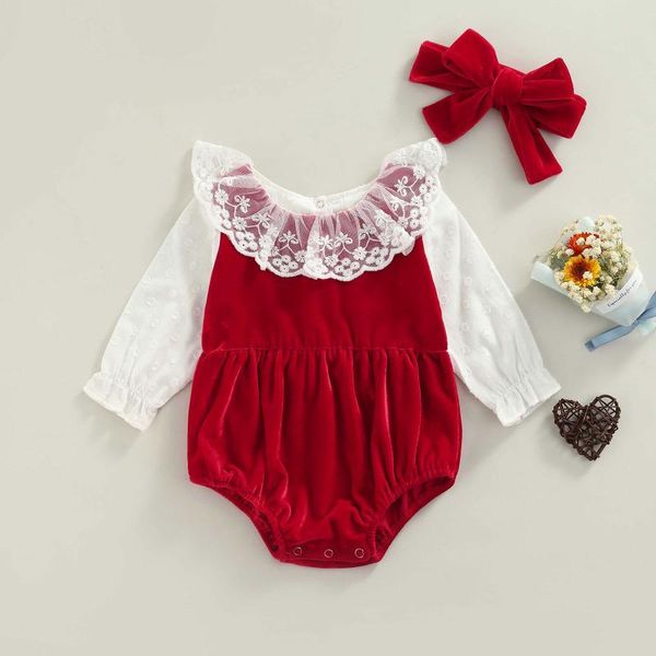 

jumpsuits baby girls two-piece clothes set wine red velvet long sleeve lace hem romper and headdress infant girl 0-24 months, Blue