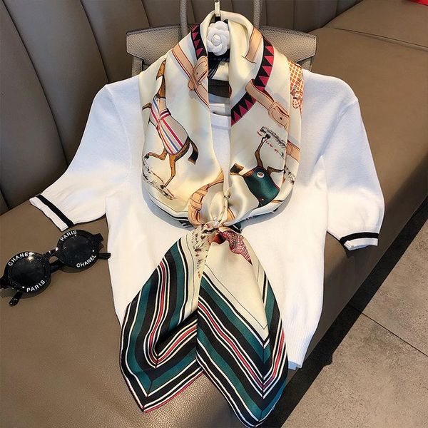 

scarves jin-swhbias square scarf for women 90*90 chain printed imitation silk shawl head neck foulard bandana muffer ladies, Blue;gray