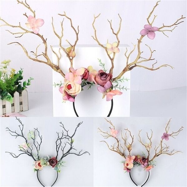 Elk Antlers Deer Chifres Chifres Filial Flower Faixa de Cabelo Headband Cosplay Fancy Cabeça Vestido de Natal Traje de Natal Papel Photo Adereços 201017