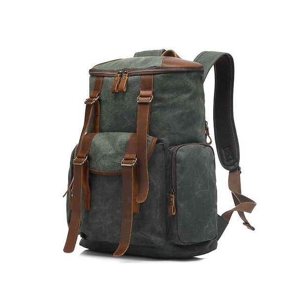 

backpack casual men oil wax canvas cow leather backpacks waterproof rucksacks lap daypacks large capacity vintage mochilas