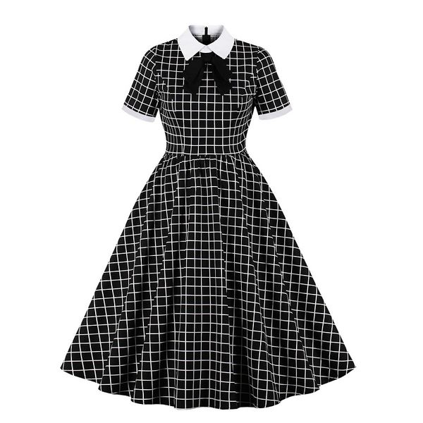 

black big swing plaid vintage plus size dress women summer spring casual short sleeve lapel elegant party dress new fashion s~2xl, Black;gray