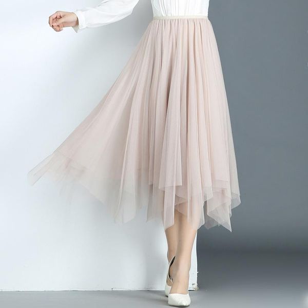 

skirts irregular tulle skirt women middle all-match korean black gray apricot high waist pleated female four seasons