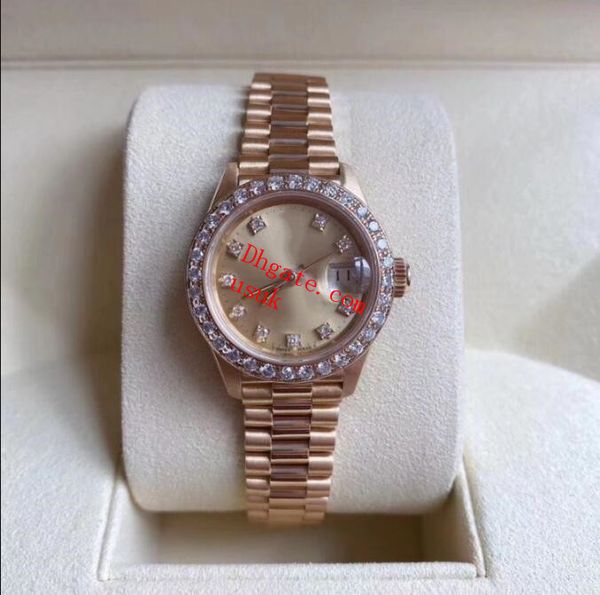 

with box womens watches waterproof 69178 26mm diamond bezel big magnifier mechanical sapphire mirror yellow gold steel bracelet luxury watch, Slivery;brown
