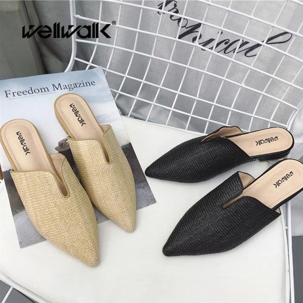 

slippers mules women pointed toe shoes ladies cane weaving slides female slider spring, Black