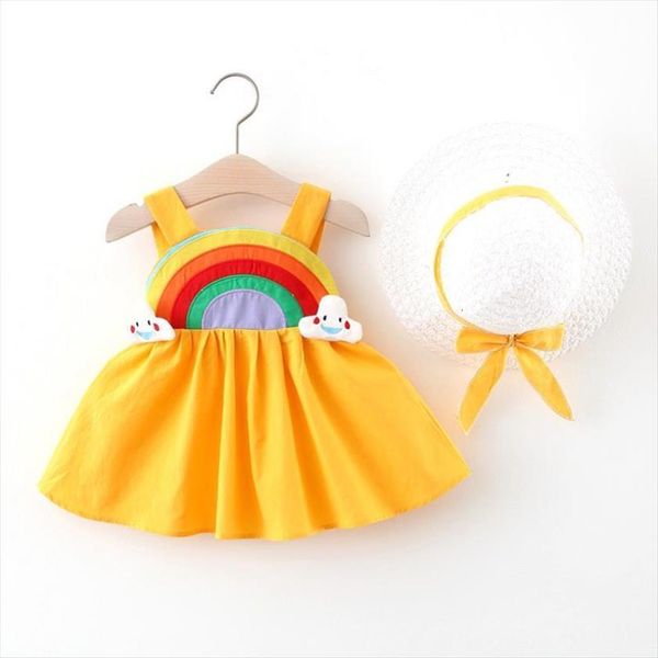 

baby girl summer childrens dress clothing girls rainbow camisole straw hat princess 0 3y, Red;yellow