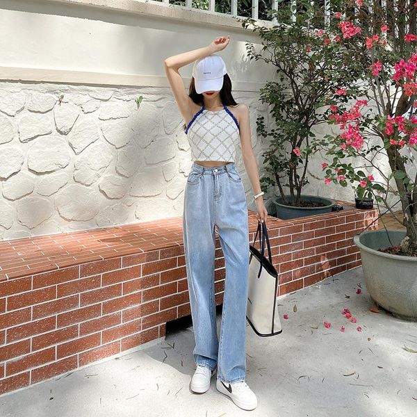 

women's jeans women streetwear high waist washed gradient blue girls wide leg pants trousers female straight loose denim
