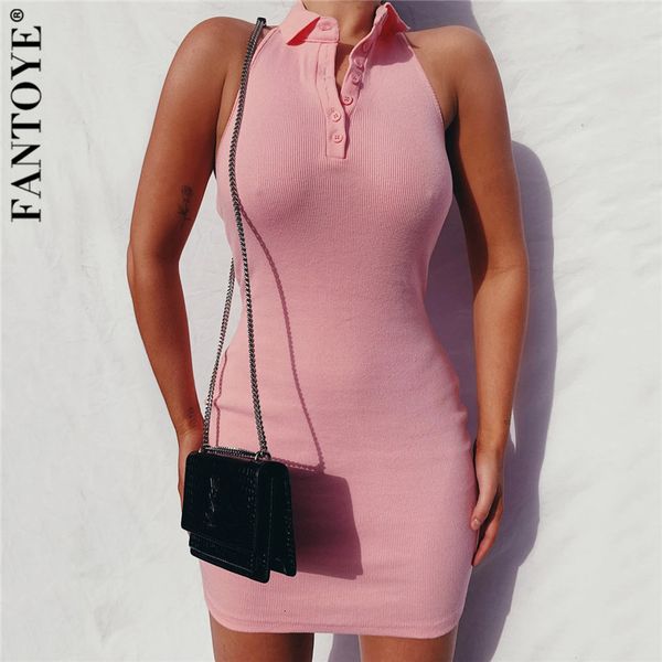 

2021 new summer turn-down collar button halter women knitted backless solid bodycon es sleeveless party vestidos akew, Black;gray