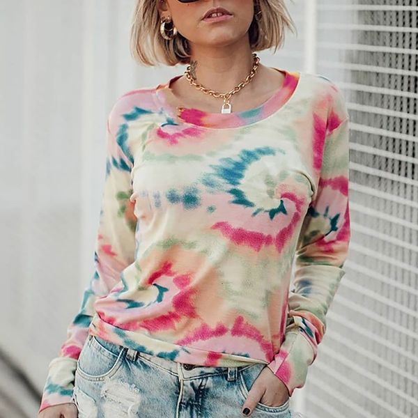 

2021 tie-dye mode printed tshirt autumn new streetwear casual the-neck long female t-shirt sleeve women's clothes more size 5myk, White