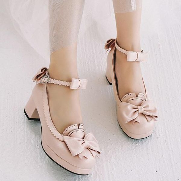 

dress shoes pxelena lolita girls mary janes women bride wedding white pink bow ties chunky med heels pumps party cosplay, Black