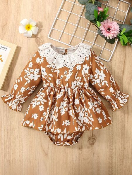

baby floral print eyelet embroidery flounce sleeve combo bodysuit dress she, Red;yellow