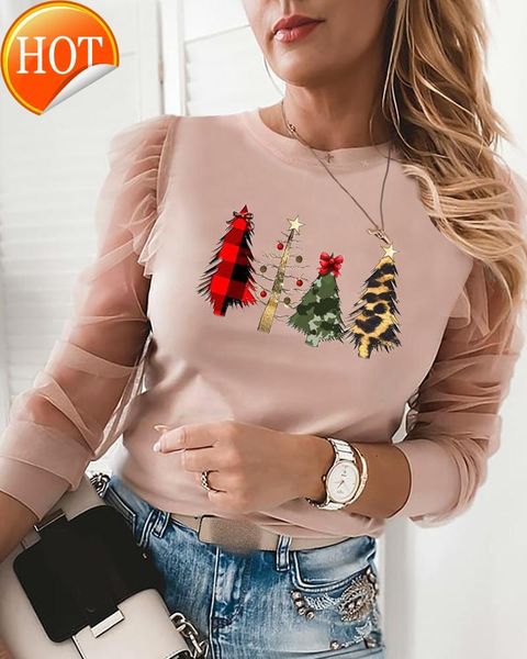 

women's t-shirt christmas tree print mesh long sleeve printing stitching 2012 spring and autumn, White
