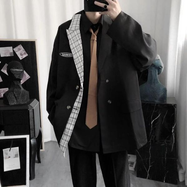 

men's suits & blazers godlikeu men double breasted fashion patchwork designer harajuku streetwear vintage, White;black