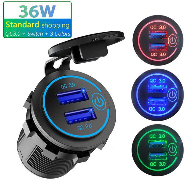 

dual usb 12v/24v car lighter socket plug qc3.0 touch switch waterproof universal truck car charger for phone tablet dvr camera