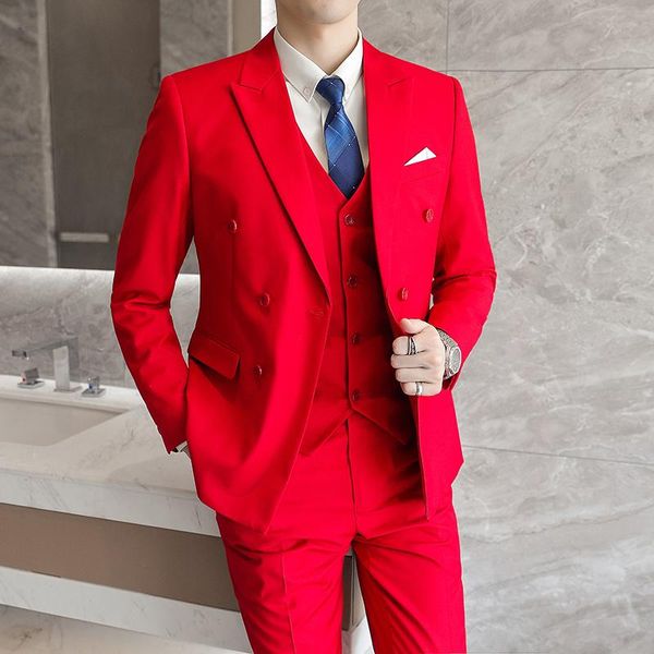 

men's suits & blazers wedding dress for men red slim fit 3 pieces jackets+pants+vest male formal wear suit sets 6xl, White;black