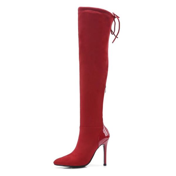 

boots faux suede pointed toe over the knee woman fashion thin heel stretch women black zipper brand red