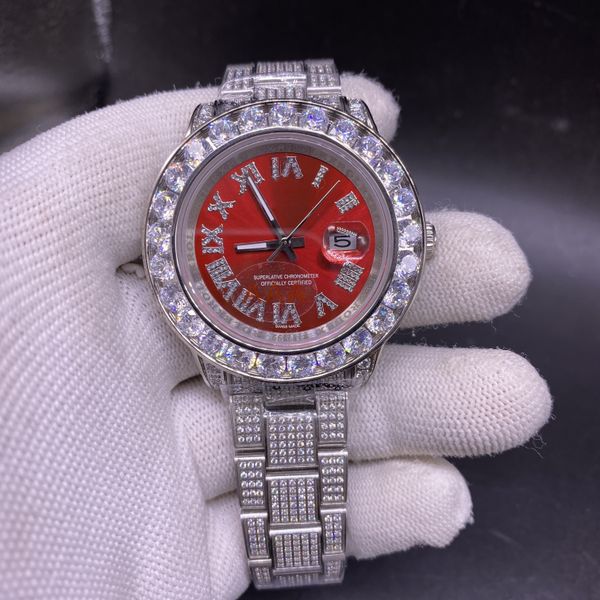 

fine men's all ice diamond automatic mechanical watch silver stainless steel case red face 43mm, Slivery;brown