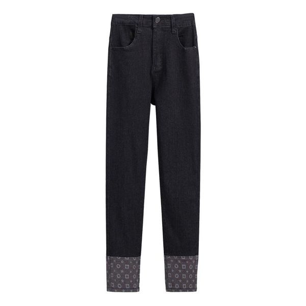 

plus size pants black elastic high waist denim women jeans print cuffs stretch skinny female trousers pencil 2021