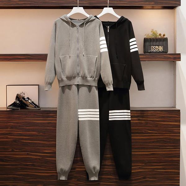 

women's two piece pants fall winter stripe knitted 2 sets sweatsuits hoodies zipper cardigan sweater jogging casual knitwear outfits, White