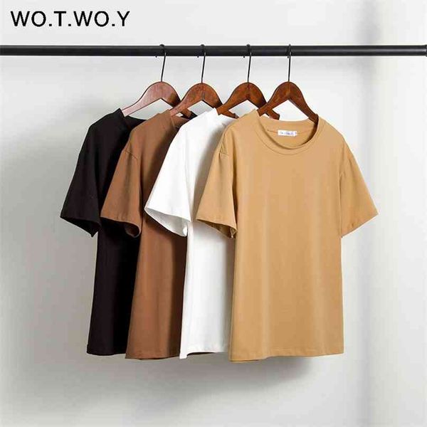 

wotwoy solid casual basic t-shirt women summer short sleeve knitted cotton tee shirt black white korean femme 210720