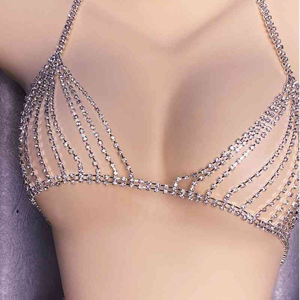 Reggiseno e perizoma da donna semplici e sexy con catena di gioielli per il corpo Bikini Crytal Set di biancheria intima geometrica romantica in rame carino