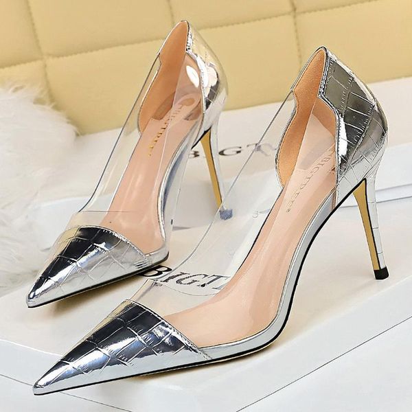 

dress shoes bigtree women high heels metal pointed toe pumps ladies clear pvc splicing female office wedding, Black