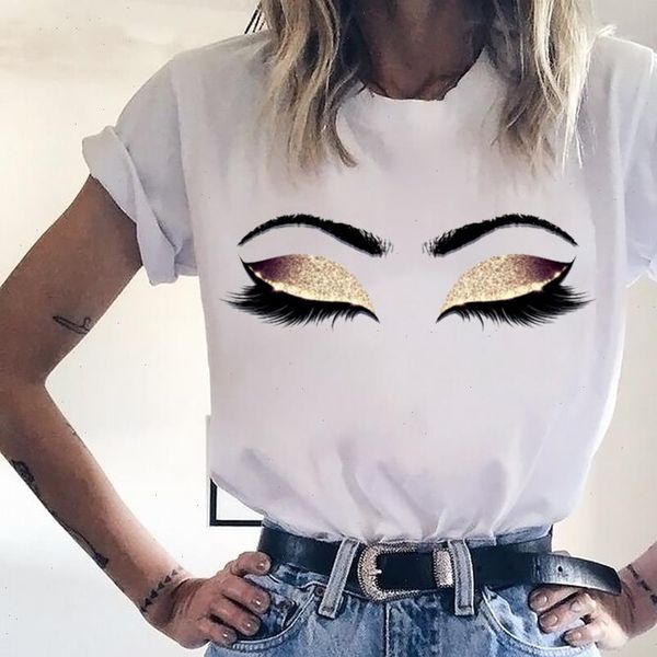 

princess makeup art pink eyelashes print vogue t shirt women kawaii tumblr tshirt streetwear hipster summer woman clothes, White