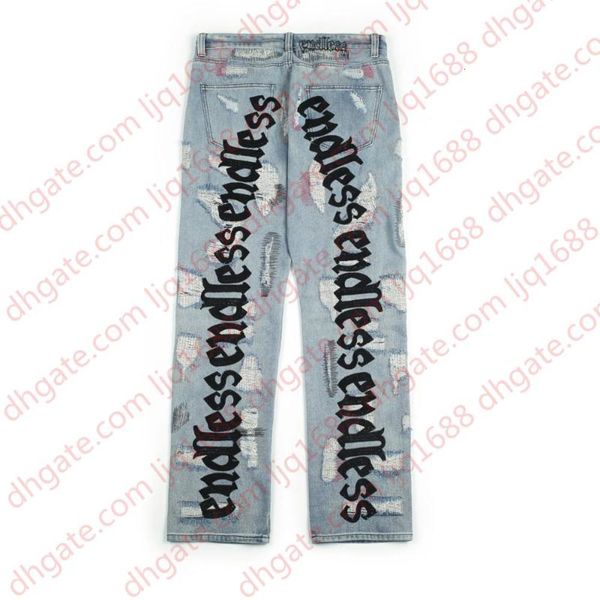 

endless men women jeans hip hop denim pants embroideredy broken do old hole streetwear jeans, Blue