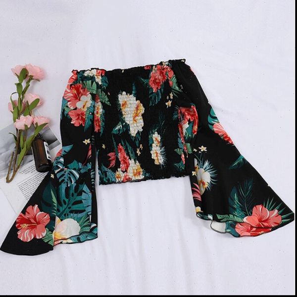 

2021 chiffon slash neck floral off shoulder blouse female women blouse shirts drop shipping good quality, White