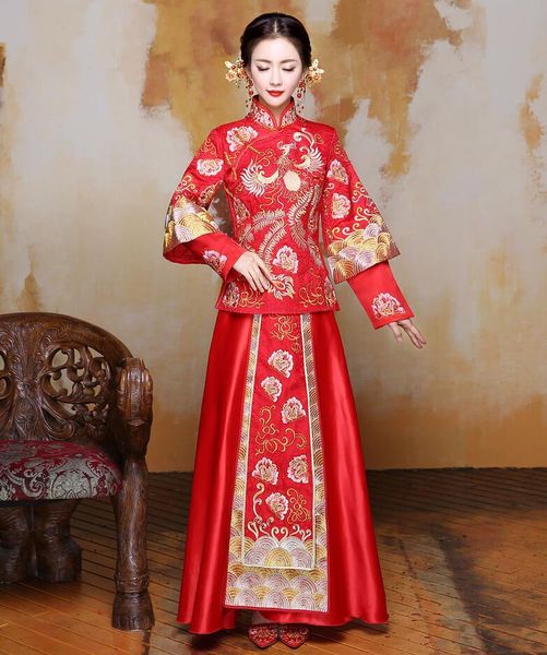 

ethnic clothing bride cheongsam vintage chinese style wedding dress retro toast lady embroidery phoenix gown marriage qipao red clothes