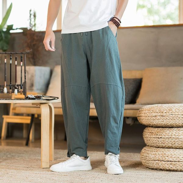 

men's pants sweatpants men elastic loose cotton linen harem man plus big size joggers korean style streetwear male trousers, Black
