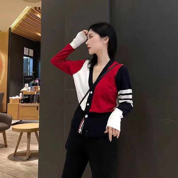 

21ss autumn and winter new fashion tb four bar macarone color matching knitted cardigan women's fashion college style 709s, Black