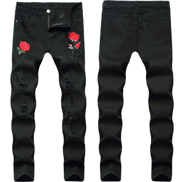 

rose embroidery jeans men mens stretchy ripped biker denim pants trousers casual slim elastic black pencil pant, Blue