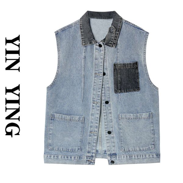 

yinying autumn kong style color loose sleeveless denim vest jacket, White