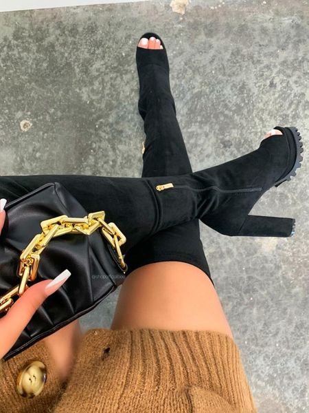 

boots black suede thick heel women's slip-toe over-the-knee fish-mouth for autumn and winter high-heel