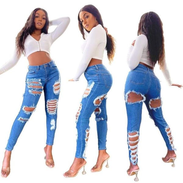 

women's jeans high waist 2021 spring and autumn fashion slim stretch ripped, Blue