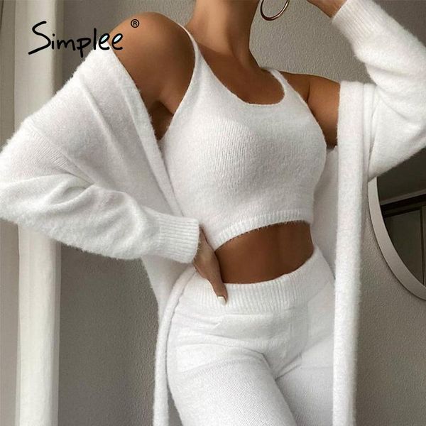 

women's two piece pants simplee soft plush lady matching sets casual 3 women backless crop long sleeve cardigan+high waist pant sui, White