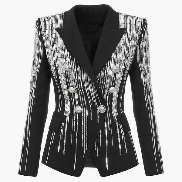 HIGH STREET est Modedesigner-Jacke für Damen, zweireihig, luxuriös, atemberaubende silberne Metallknöpfe, Perlen-Blazer 210930