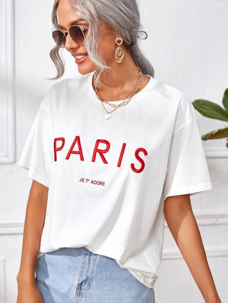 

letter embroidery drop shoulder tee 52fl#, White