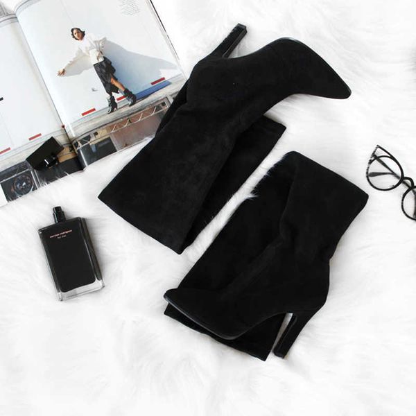 

qutaa 2021 women over the knee high boots slip on winter shoes thin heel pointed toe all match size 34-43 y0910, Black