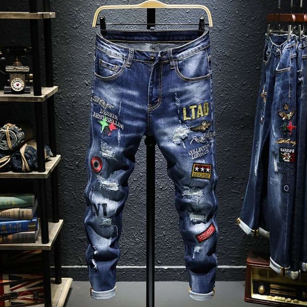 

spring and autumn blue embroidery jeans brand stretch slim little feet punk fashion long pants men's handsomewinter