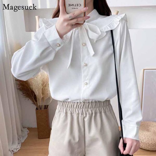 

korean loose long sleeve shirt women elegant ruffles ladies bow collar white corduroy autumn blouse 12010 women's blouses & shirts