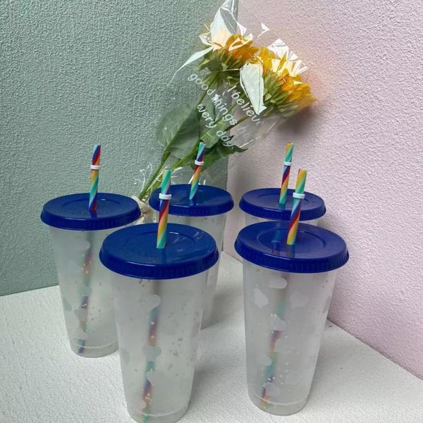 

mugs reusable color changing confetti plastic tumbler with lid and straw cold cup, 24 fl oz portable cup