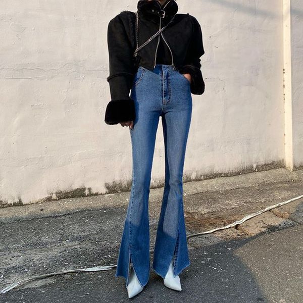 

streetwear skinny womens flare pants korean fashion high waist casual split denim trousers for female harajuku2021, Black;white