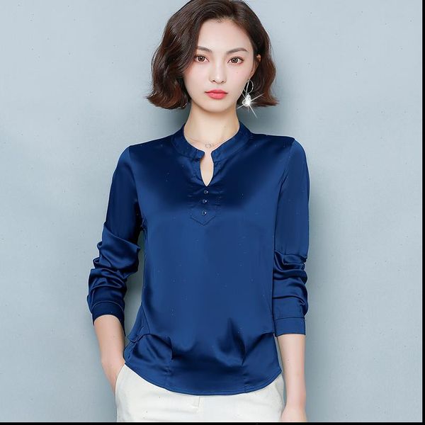 

korean silk women blouses women satin shirts elegant woman long sleeve blouse woman v neck shirt plus size blusas de moda, White