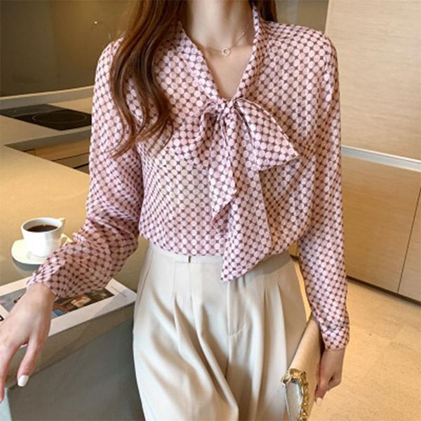 

women's blouses & shirts fashion korea style vintage dots body blouse shirt bow collar long-sleeved loose 2021, White