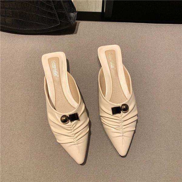 

slippers 2021 spring and summer baotou muller sandals pleated soft flat low heels pointed shallow patent leather lazy shoes, Black