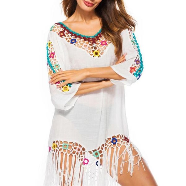 

women's swimwear 2021 crochet beach cover up tassel summer dress cotton knitted swimsuit bikini saida de praia, White;black