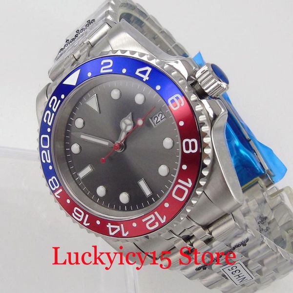 

wristwatches nologo bliger japan nh35a grey dial men watch automatic wristwatch red second hand jubilee band no cyclop sapphire glass, Slivery;brown