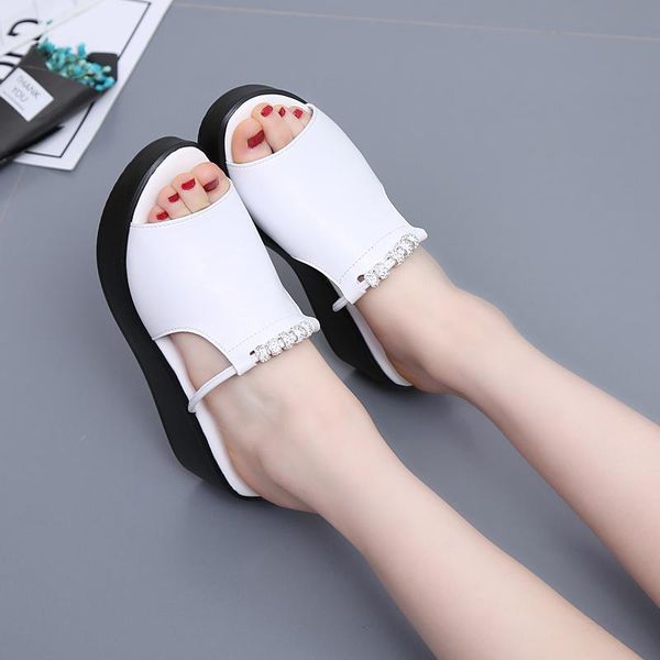 

on a wedge shoes woman 2021 med slippers summer platform pantofle luxury slides genuine leather new flat designer microfiber fas, Black